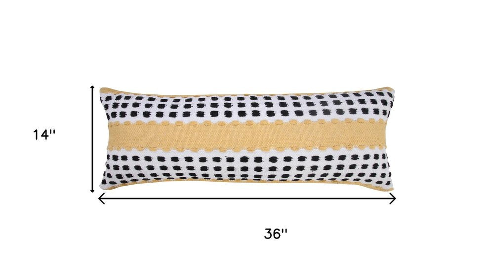 14" X 36" Yellow And Black Lumbar Striped Cotton Throw Pillow Cover