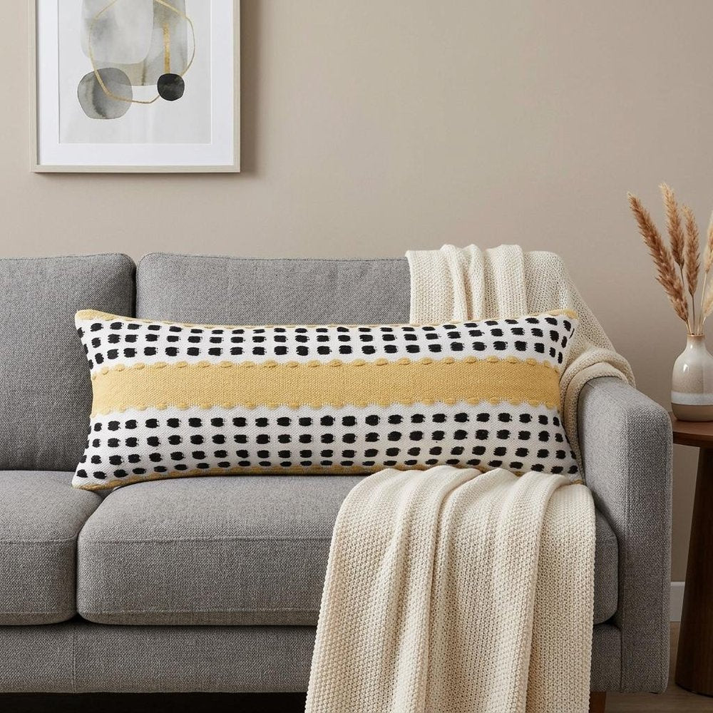 14" X 36" Yellow And Black Lumbar Striped Cotton Throw Pillow Cover