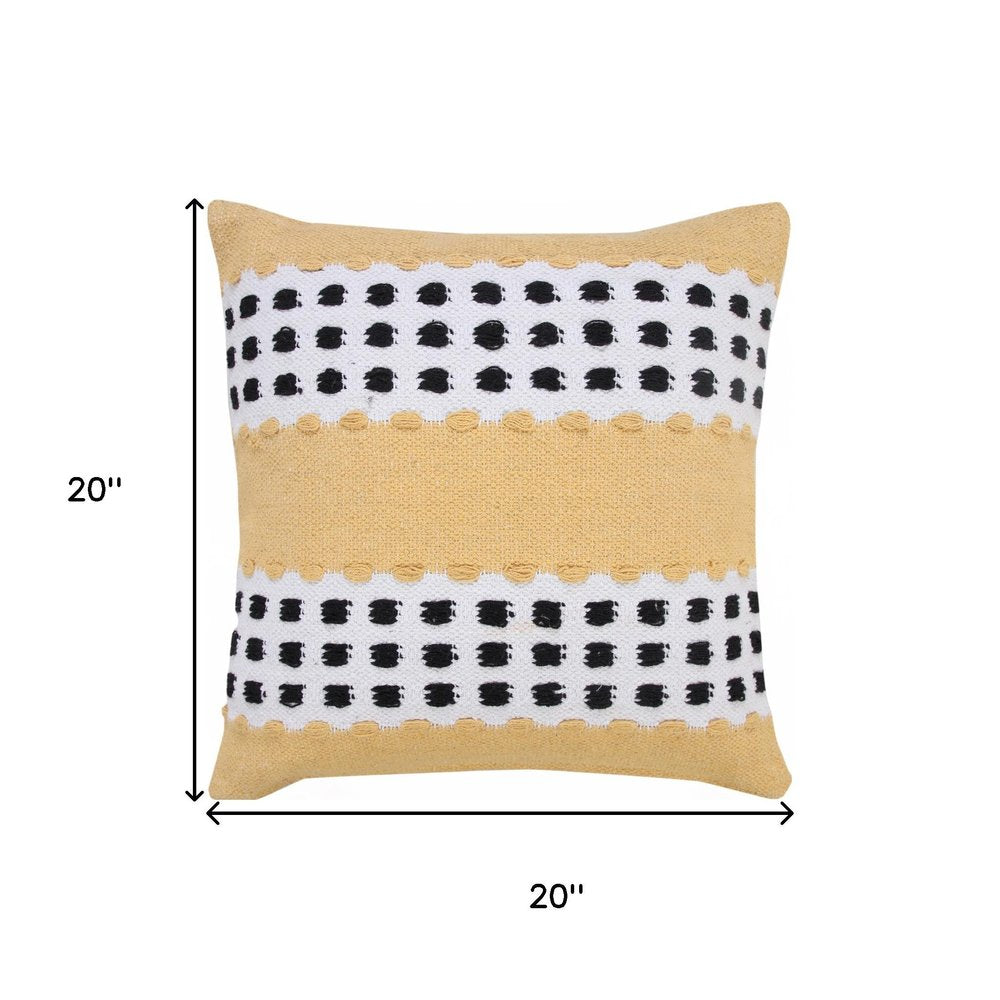 20" Yellow And Black Striped Cotton Throw Pillow Cover