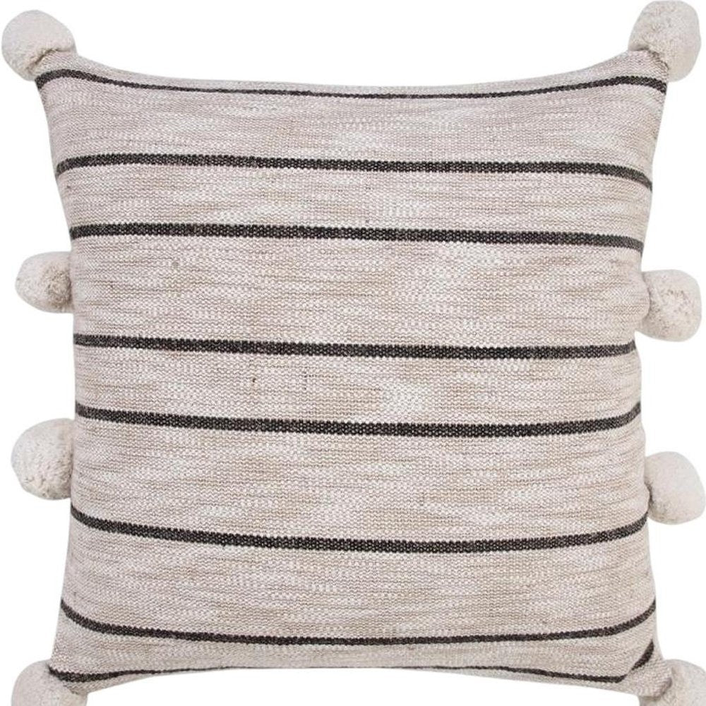 20" Beige Black And White Striped Cotton Blend Throw Pillow Cover with Pompoms