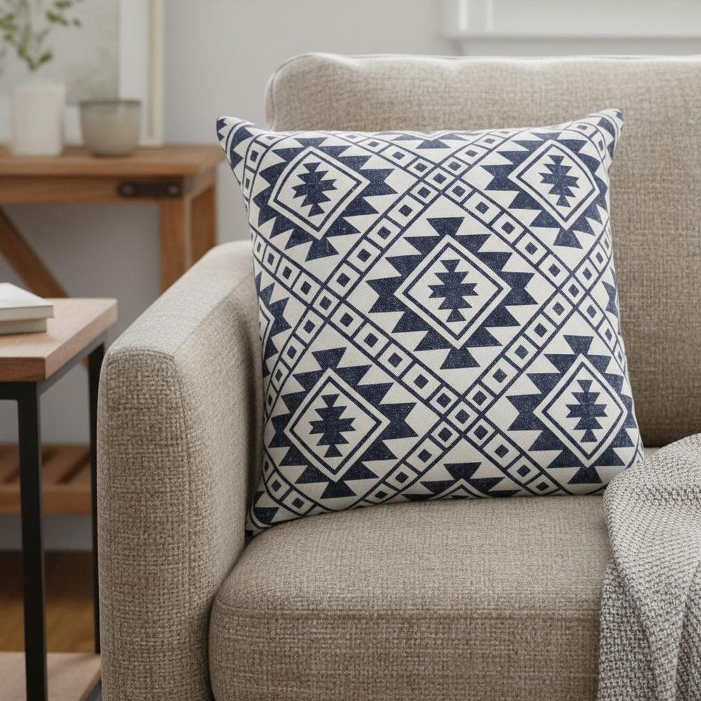 20" Navy Blue And Ivory Southwestern Cotton Throw Pillow Cover