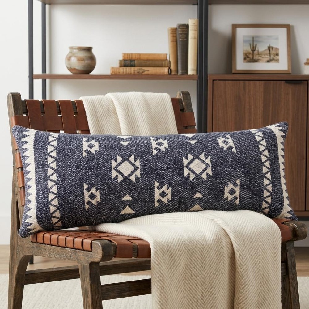 14" X 36" Navy Blue And Off White Lumbar Southwestern Cotton Throw Pillow Cover