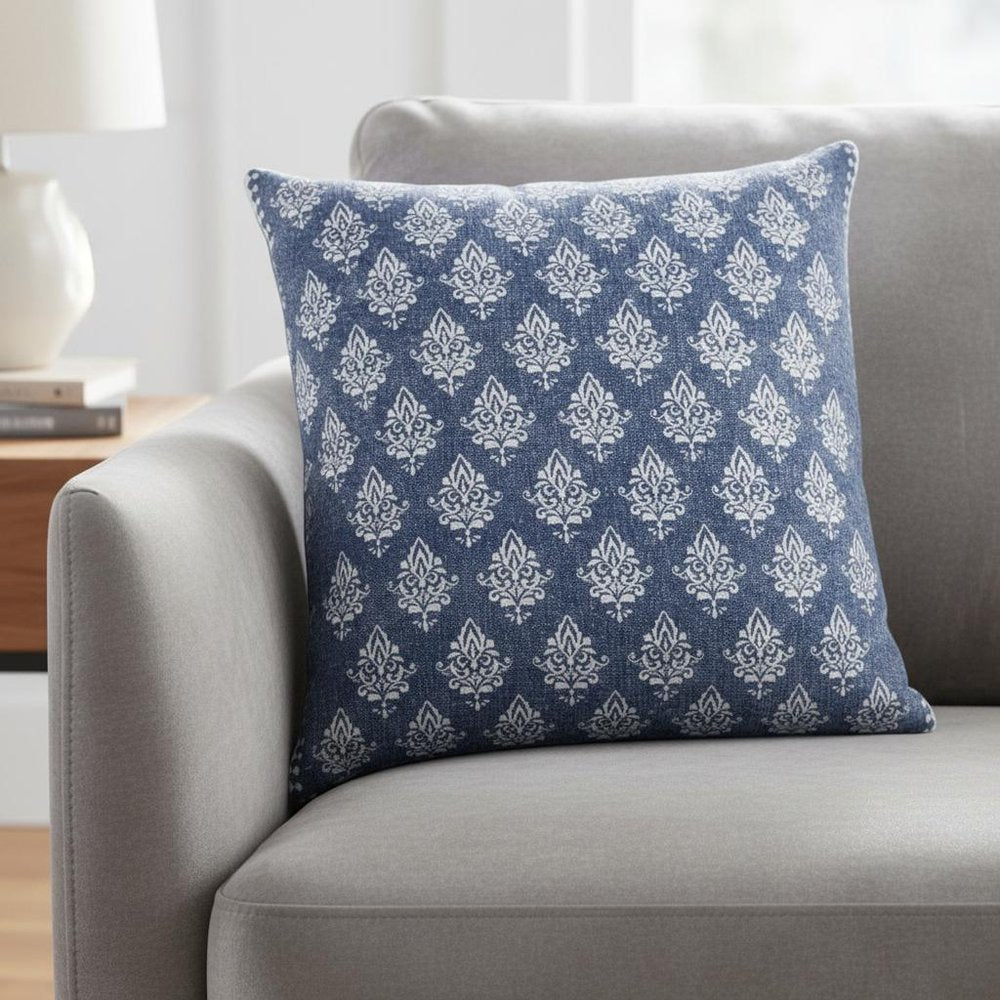 20" Blue And White Damask Cotton Throw Pillow Cover