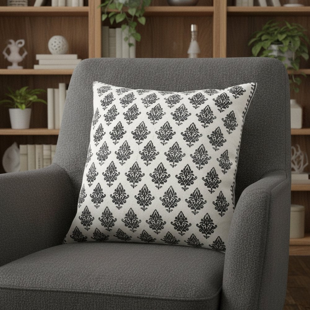20" White And Black Floral Cotton Throw Pillow Cover