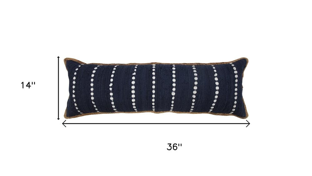 14" X 36" Blue And White Lumbar Beach Striped Cotton Blend Throw Pillow Cover