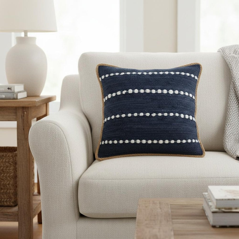 20" Navy Blue And White Beach Striped Cotton Blend Throw Pillow Cover