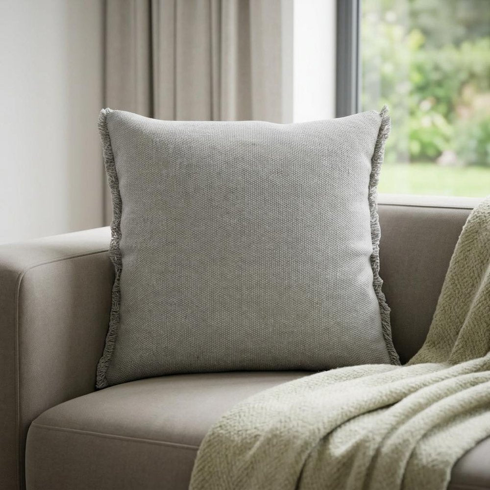 20" Gray Cotton Throw Pillow Cover with Fringe