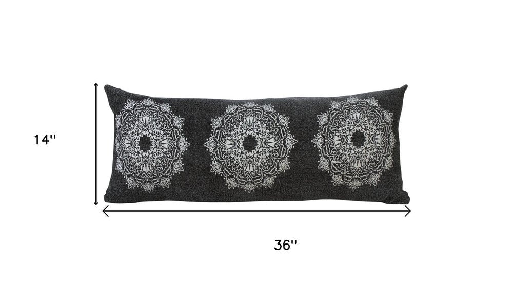 14" X 36" Black And White Lumbar Medallion Cotton Throw Pillow Cover