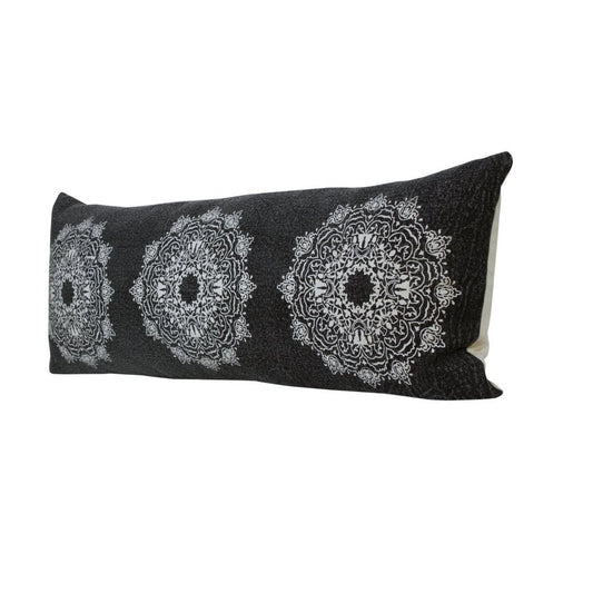 14" X 36" Black And White Lumbar Medallion Cotton Throw Pillow Cover