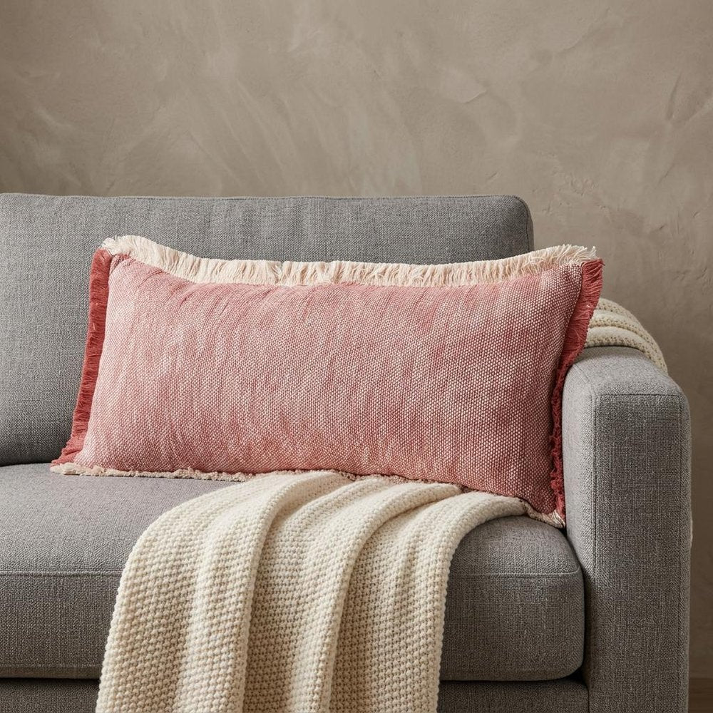 14" X 36" Red And White Lumbar Color Block Cotton Throw Pillow Cover with Fringe