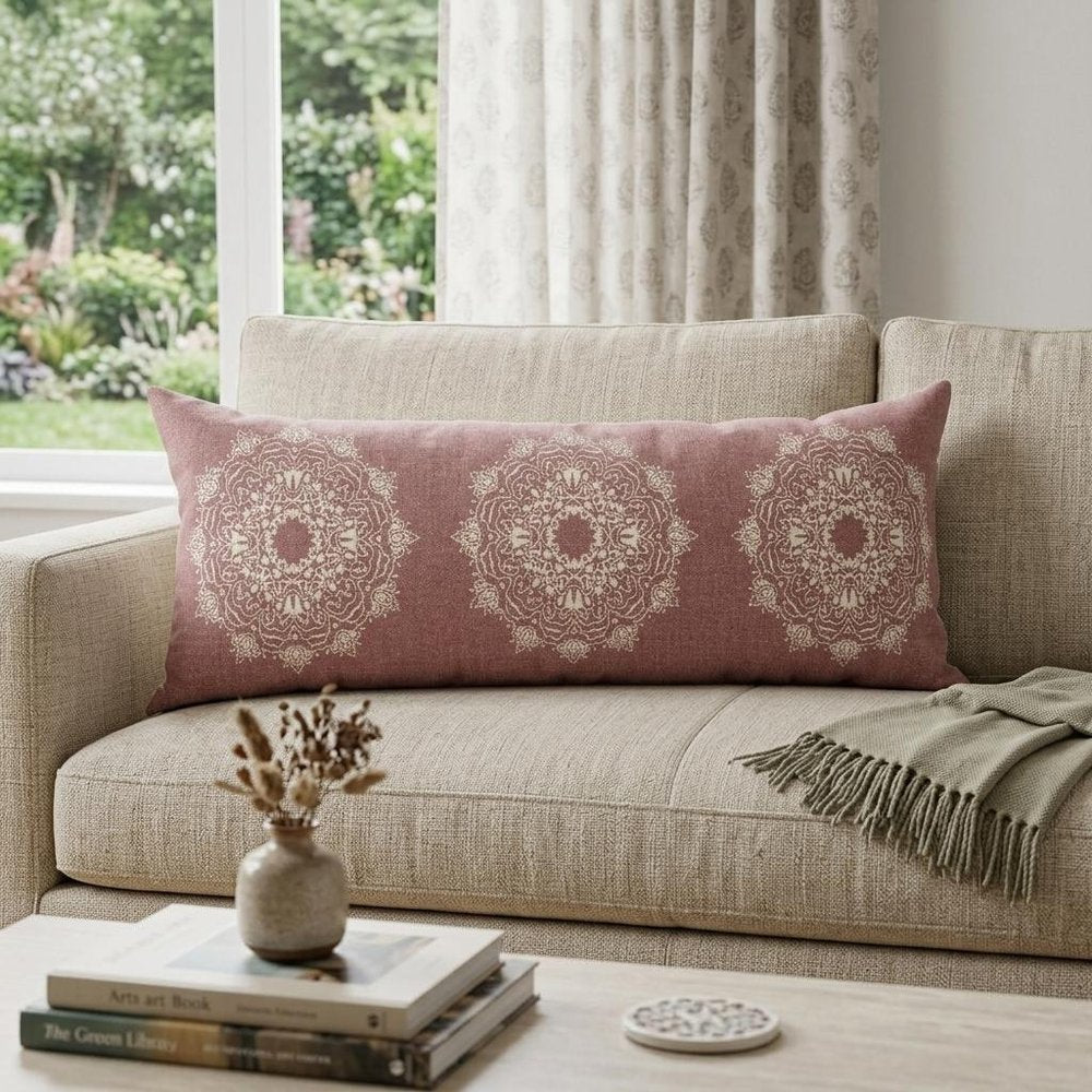 14" X 36" Dusty Rose And White Lumbar Medallion Cotton Throw Pillow Cover