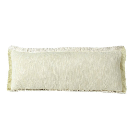 14" X 36" White And Yellow Lumbar Cotton Throw Pillow Cover with Fringe