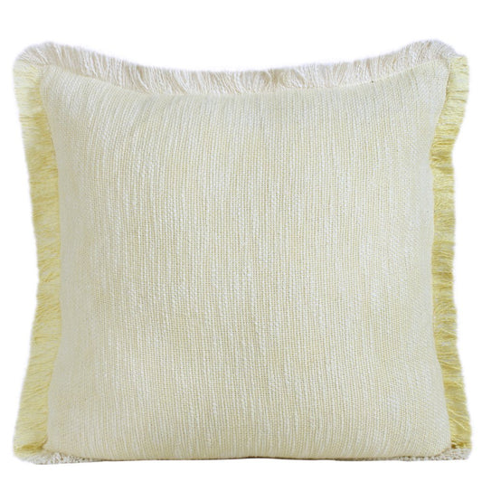 20" White And Yellow Cotton Throw Pillow Cover with Fringe