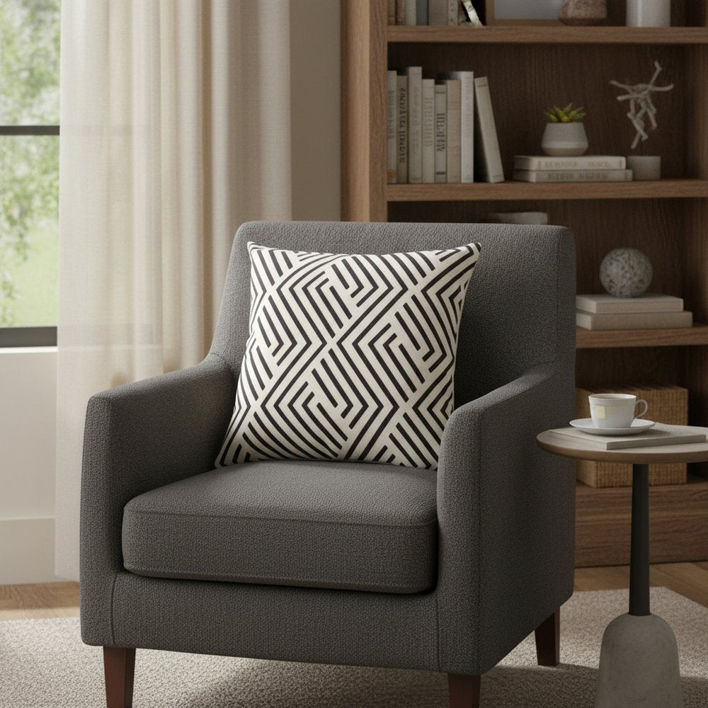 20" Black And White Geometric Recycled Poly Linen Throw Pillow Cover