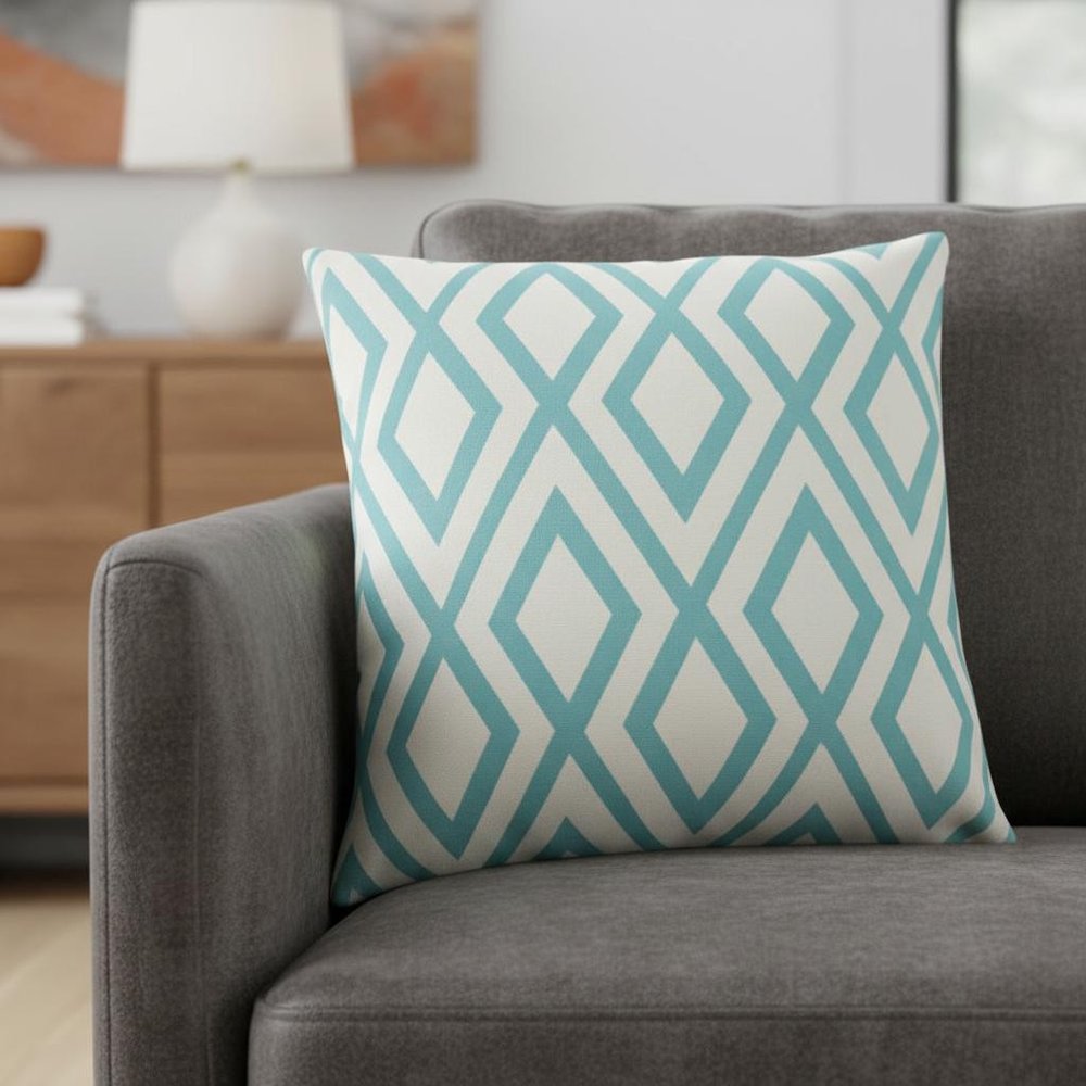 20" Aqua And Off White Geometric Recycled Poly Linen Throw Pillow Cover