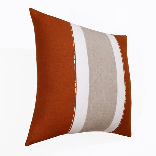 18" Orange And Gray Striped Linen Throw Pillow Cover