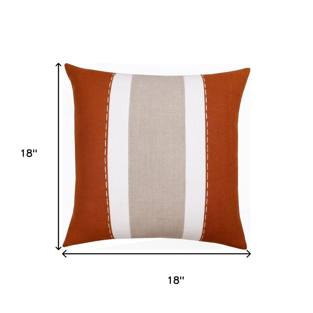 18" Orange And Gray Striped Linen Throw Pillow Cover