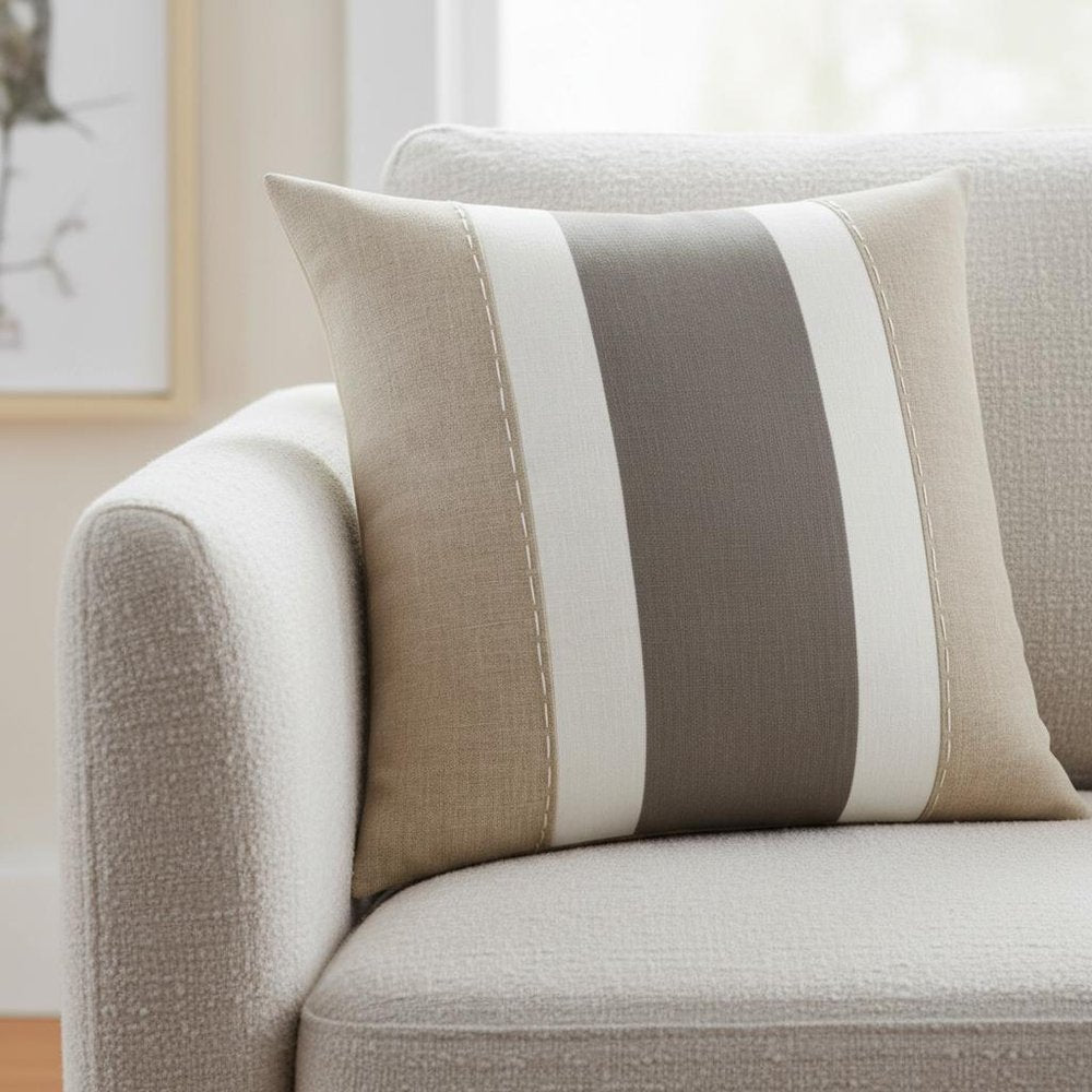 18" Gray And Tan Striped Linen Throw Pillow Cover