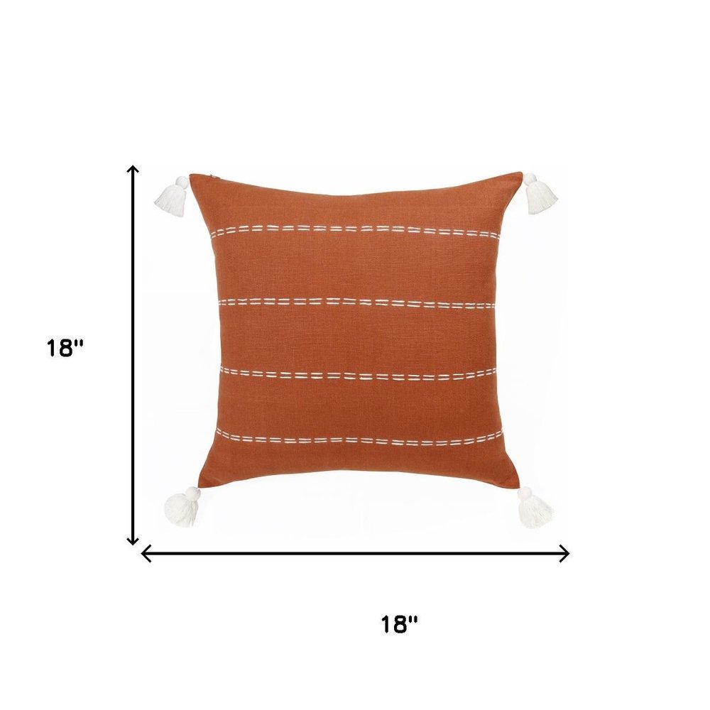 18" Orange And Ivory Striped Linen Throw Pillow Cover