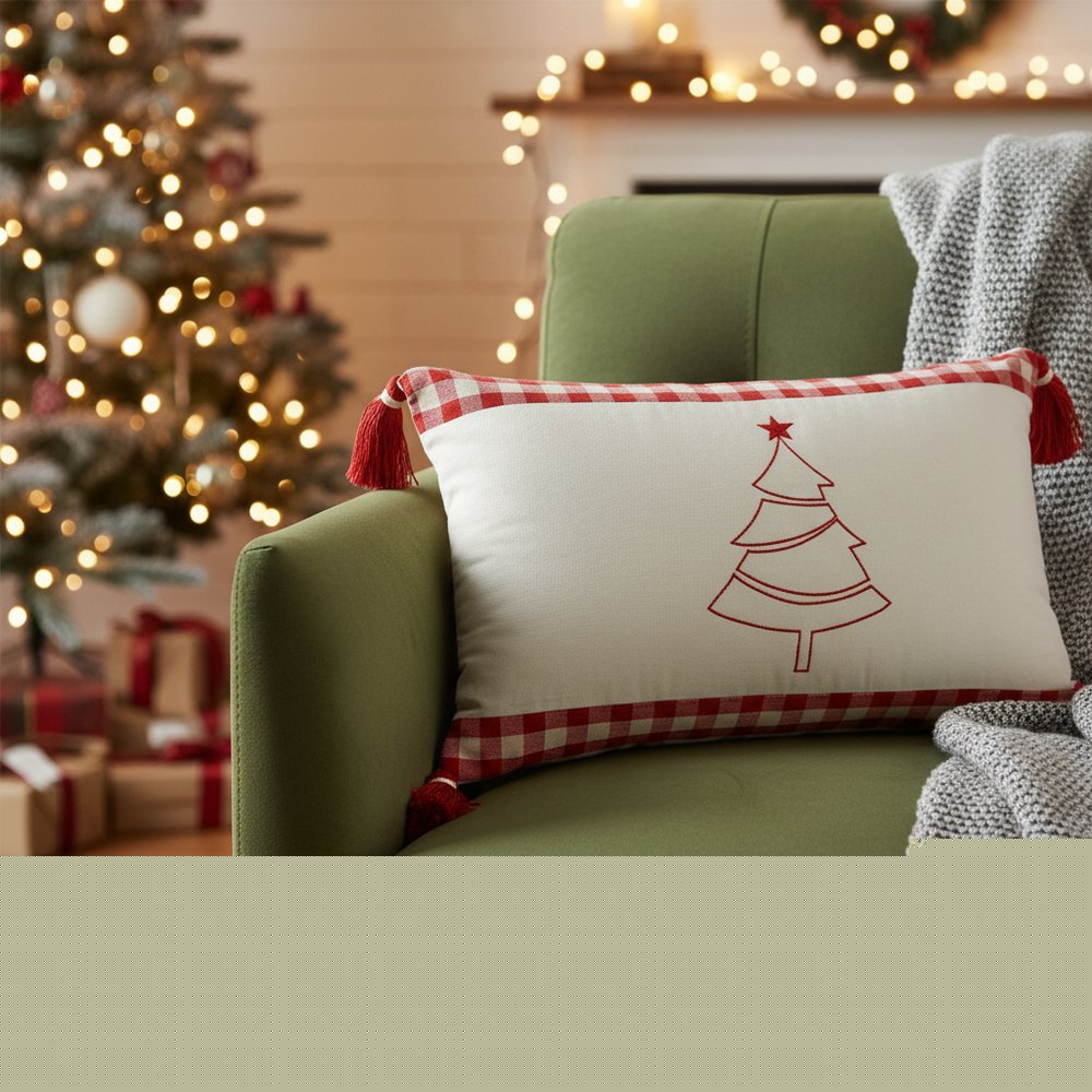 16" X 24" Red And White Lumbar Christmas Christmas Tree Plaid Cotton Throw Pillow Cover