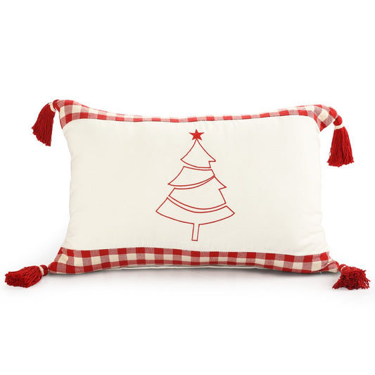16" X 24" White And Red Lumbar Plaid Cotton Throw Pillow Cover