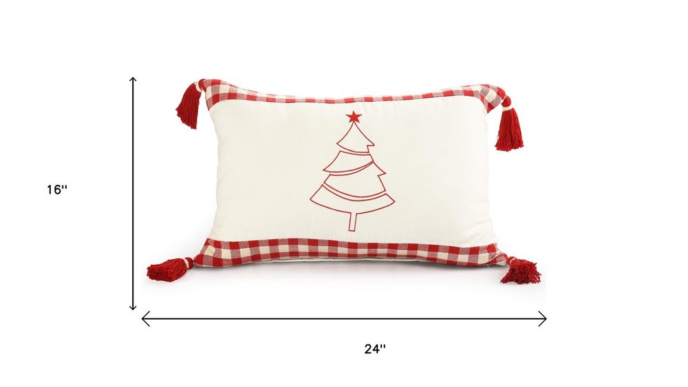 16" X 24" White And Red Lumbar Plaid Cotton Throw Pillow Cover