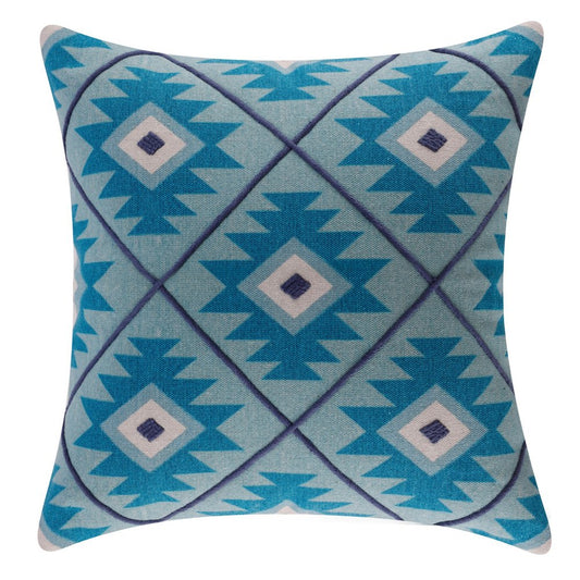 18" Blue And White Geometric Cotton Throw Pillow Cover