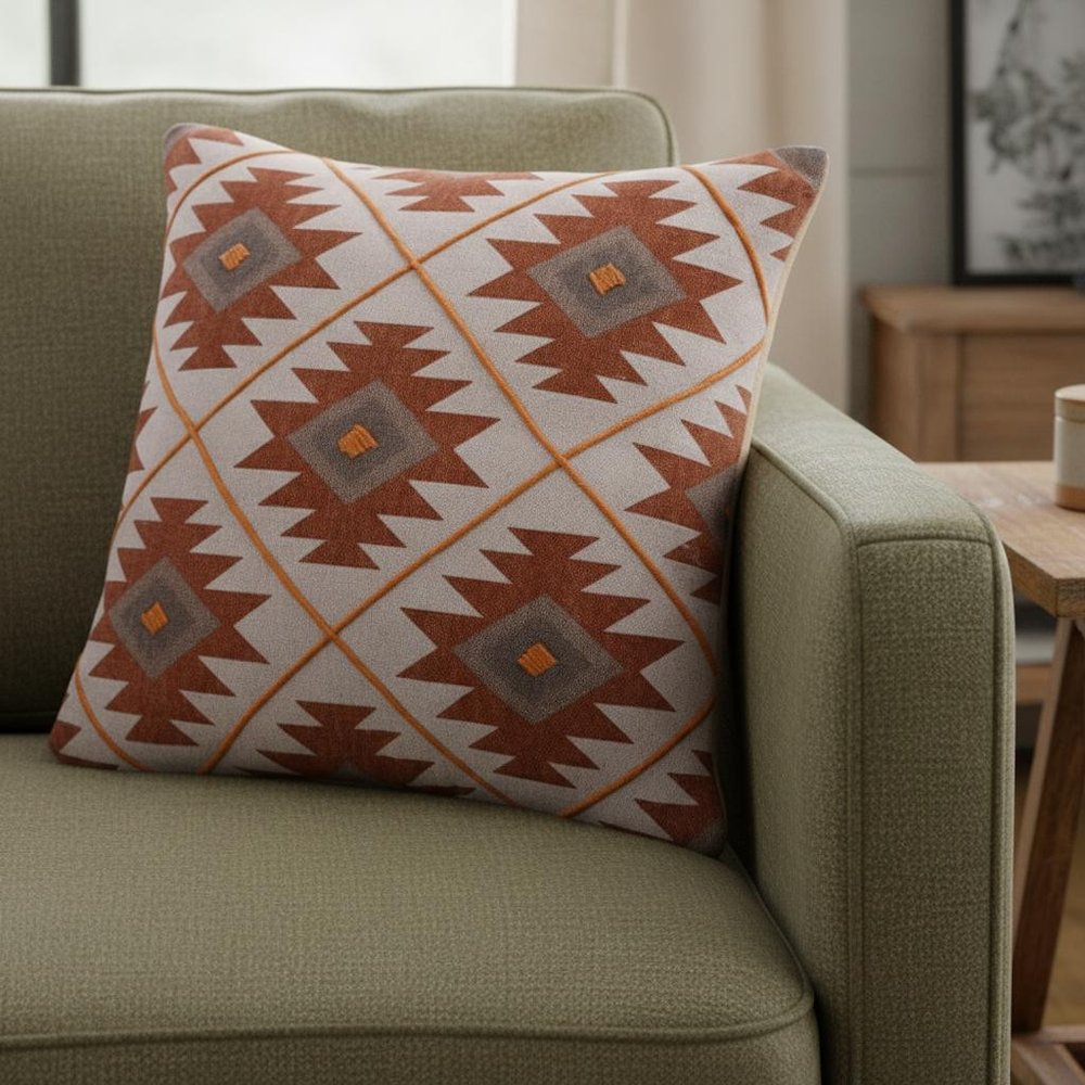 18" Rust And Off White Geometric Cotton Throw Pillow Cover