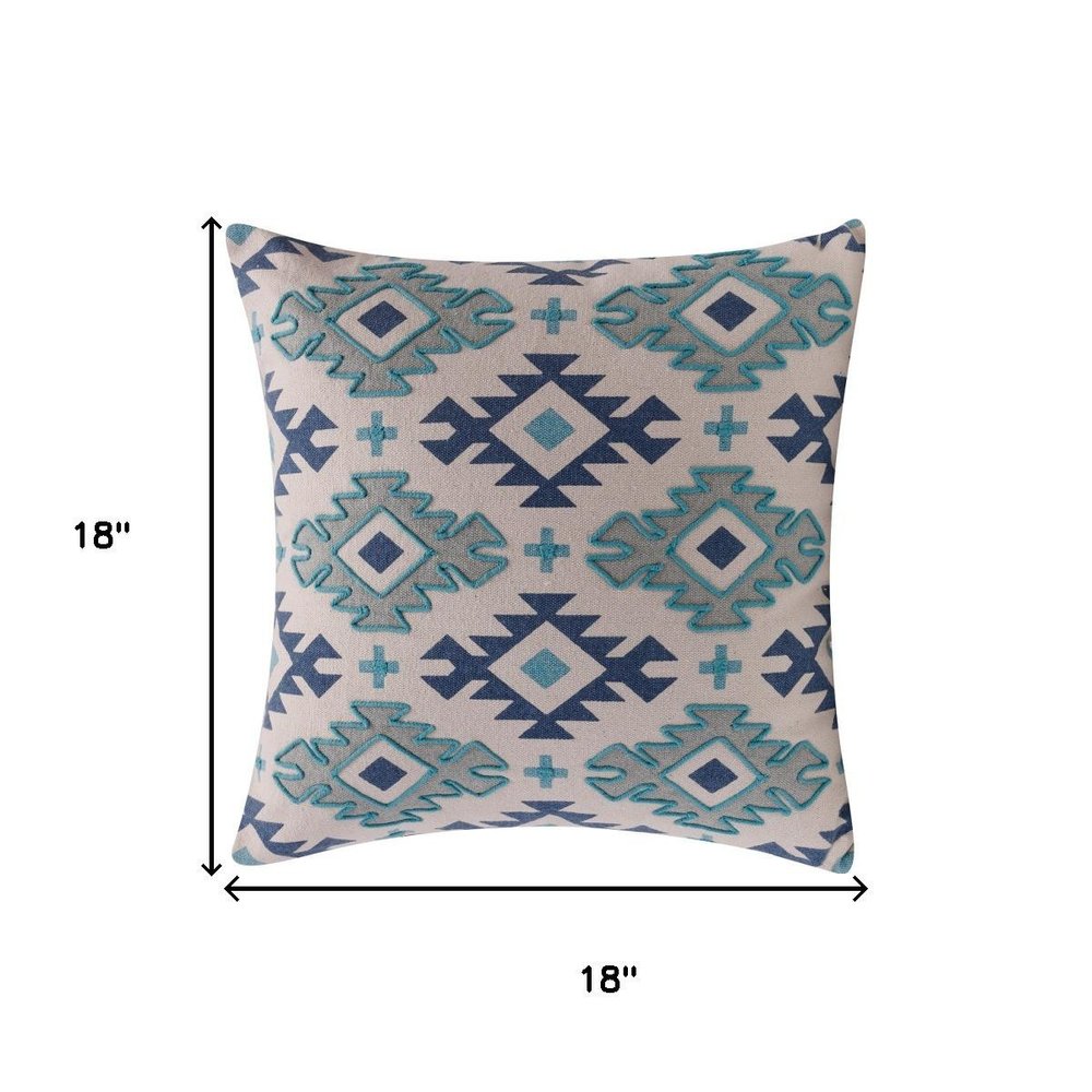 18" Blue And Gray Geometric Cotton Throw Pillow Cover