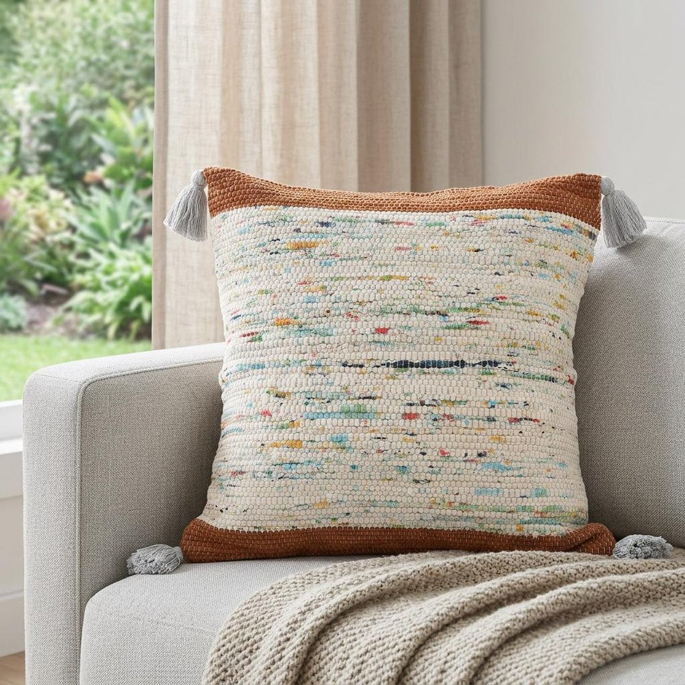 18" Brown Cream And Blue Color Block Cotton Throw Pillow Cover with Tassels