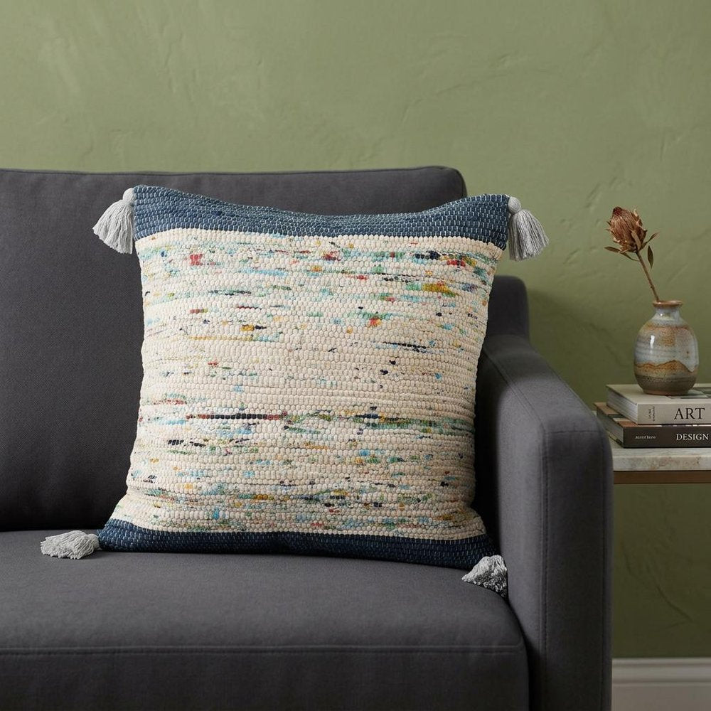 20" Blue And Cream Color Block Cotton Throw Pillow Cover with Tassels