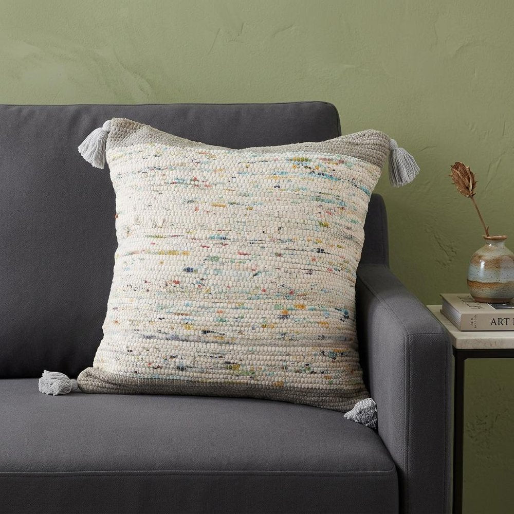 18" Gray White And Blue Color Block Cotton Throw Pillow Cover with Tassels