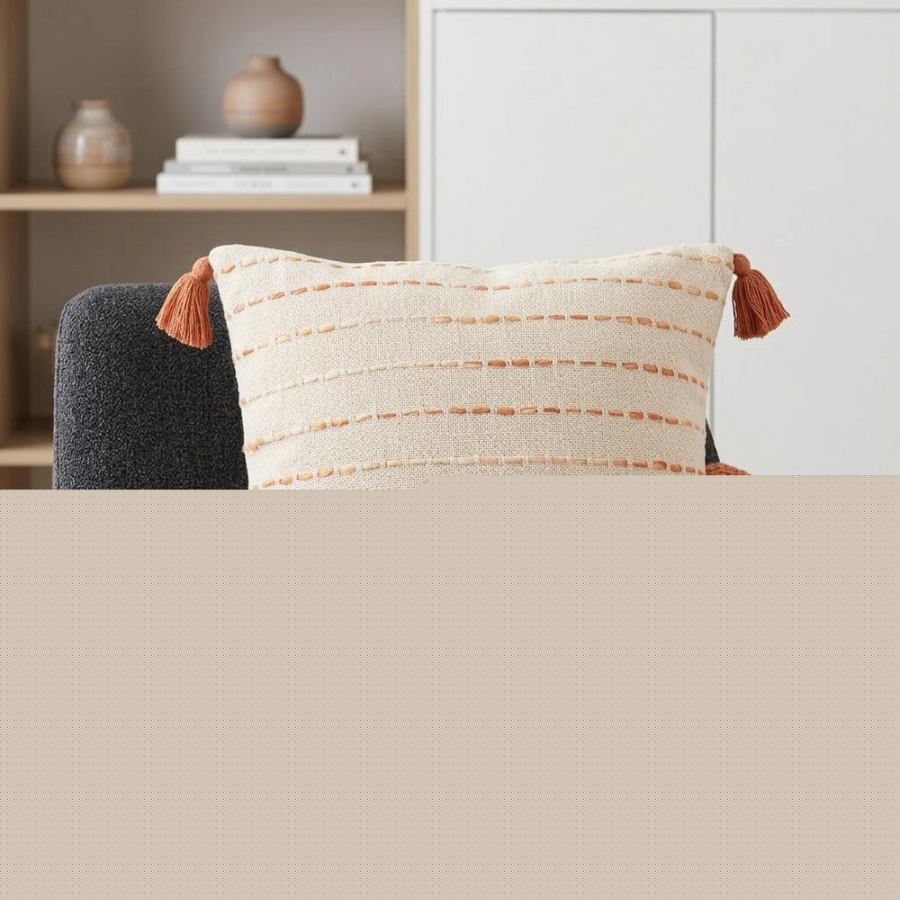 20" Ivory And Orange Striped Cotton Blend Throw Pillow Cover with Tassels