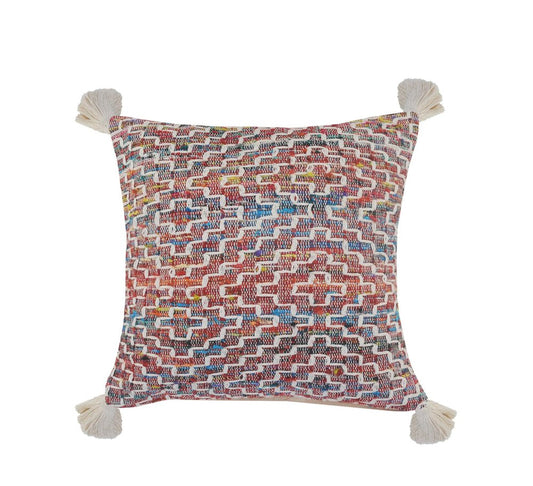 20" Red Blue And Natural Geometric Polyester Blend Throw Pillow Cover with Tassels
