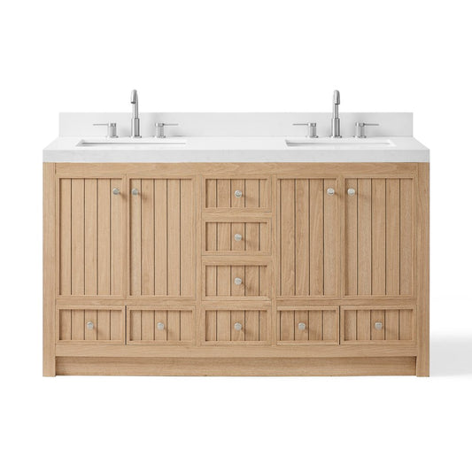60" Natural Wood Double Bathroom Vanity With White And Gray Quartz Countertop