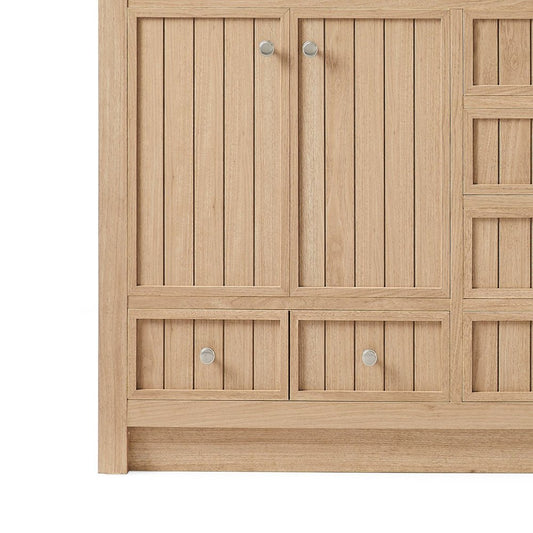 60" Natural Wood Double Bathroom Vanity With White And Gray Quartz Countertop