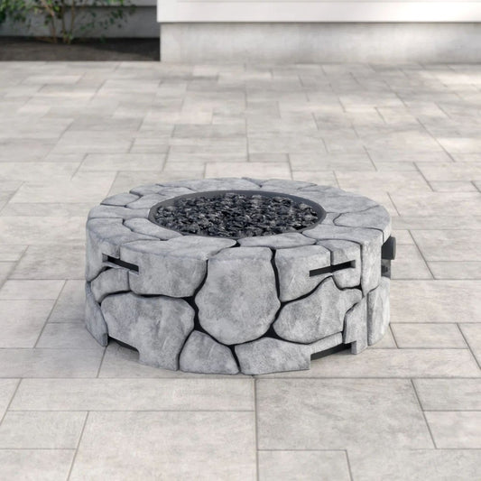 40000 BTU 28" Gray Concrete Propane Round Fire Pit With Cover