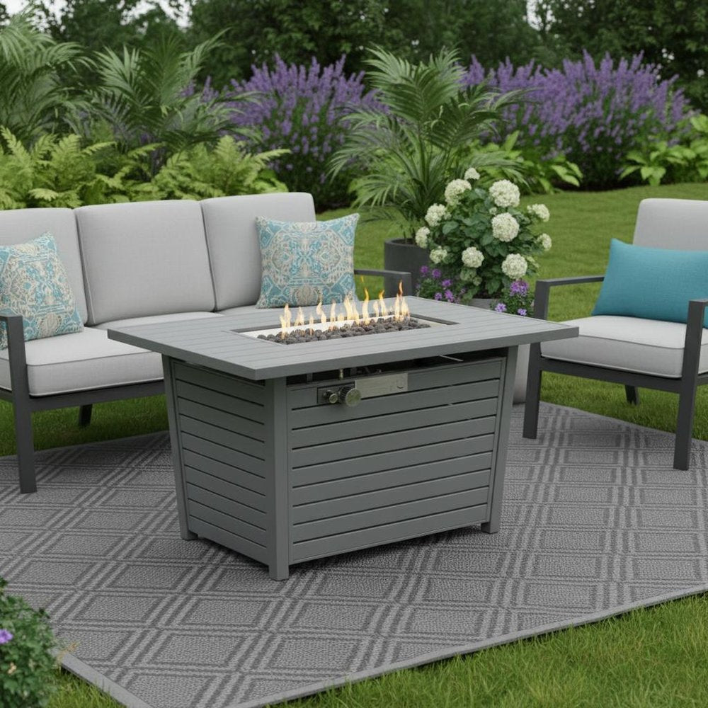 50000 BTU 42" Gray Steel Propane Rectangular Fire Pit Table With Cover