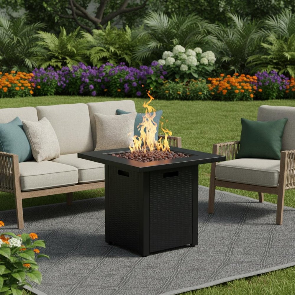 50000 BTU 28" Black Steel Propane Square Fire Pit With Cover