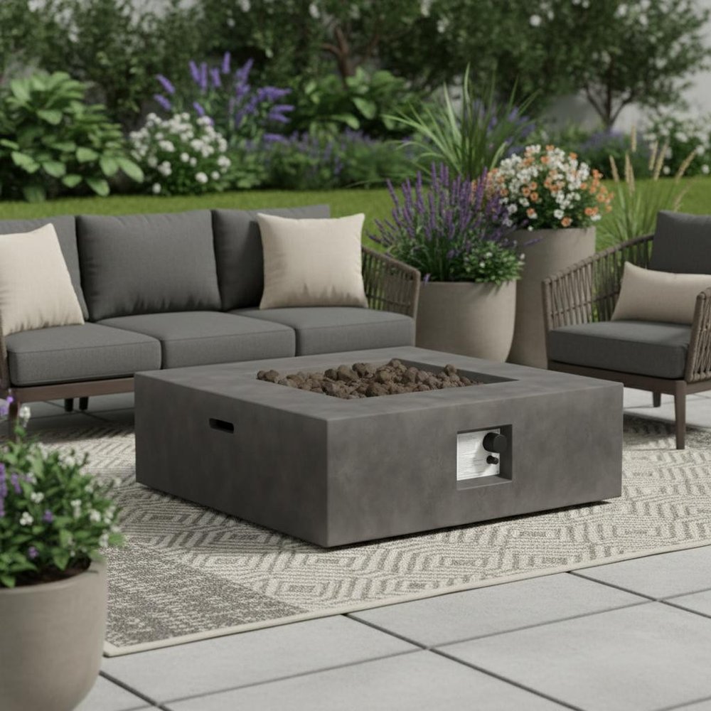 50000 BTU 34" Gray Concrete Propane Square Fire Pit With Cover