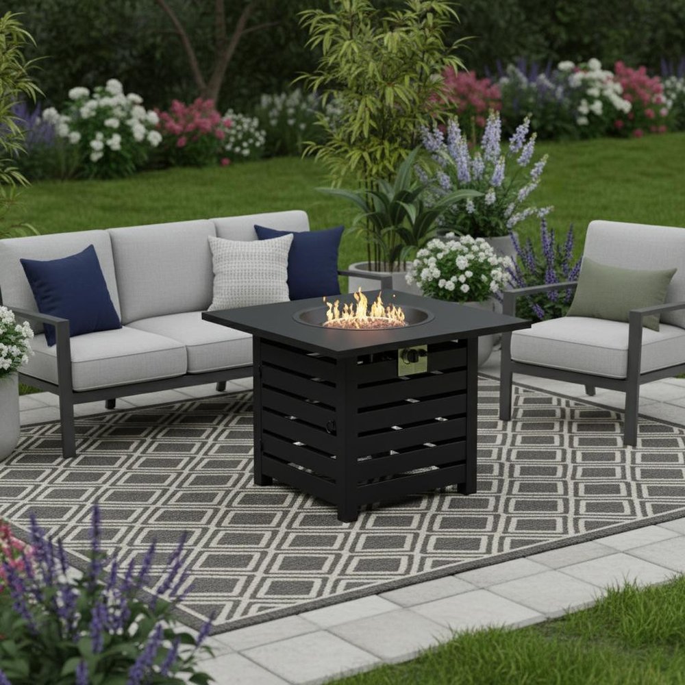 50000 BTU 32" Black Metal Propane Square Fire Pit With Cover