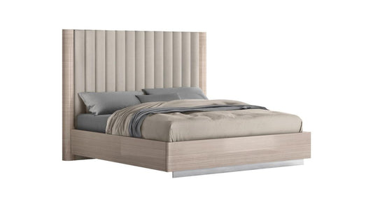 Beige Ribbed Texture Wood And Tufted Linen Blend Upholstered Queen Bed Frame