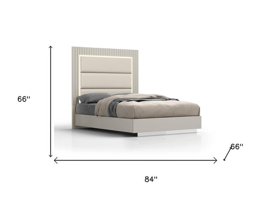 Gray Wood And Tufted Faux Leather Lighted Upholstered Queen Bed Frame