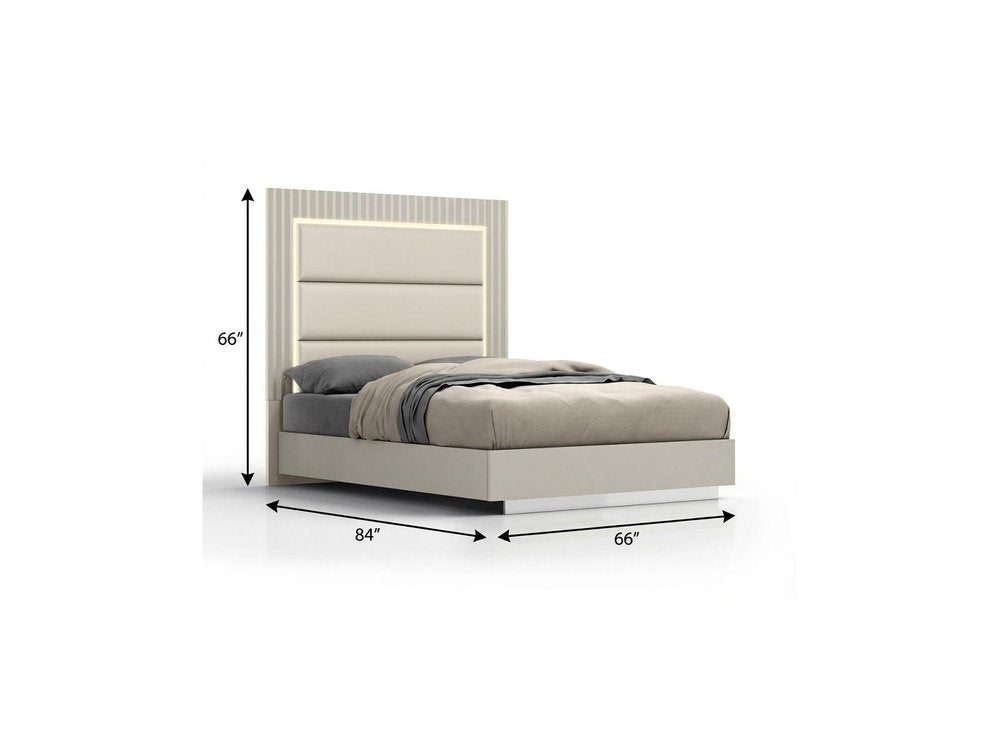 Gray Inlaid Panels Wood And Faux Leather Lighted Upholstered Queen Bed Frame