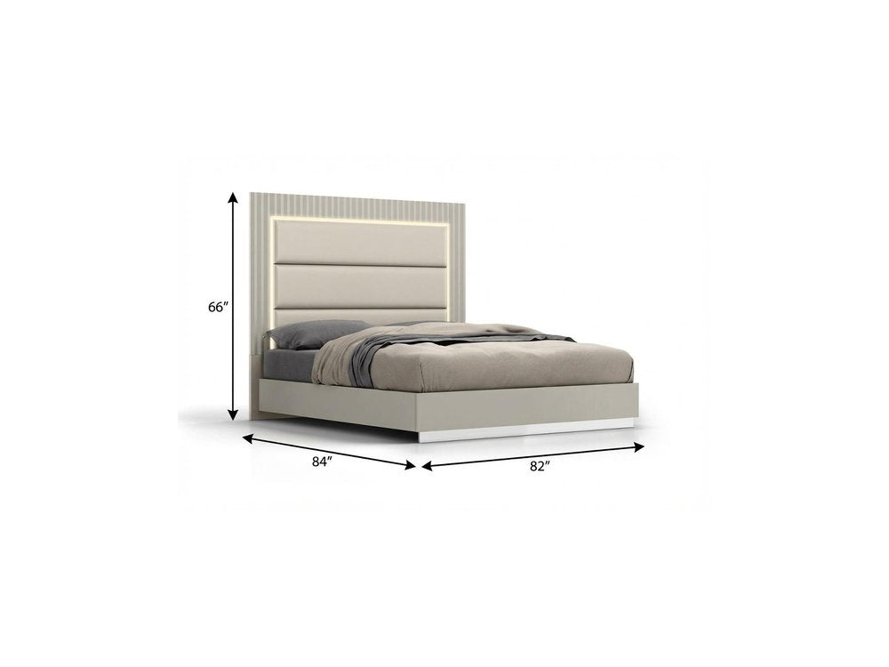 Gray Inlaid Panels Wood And Faux Leather Lighted Upholstered King Bed Frame