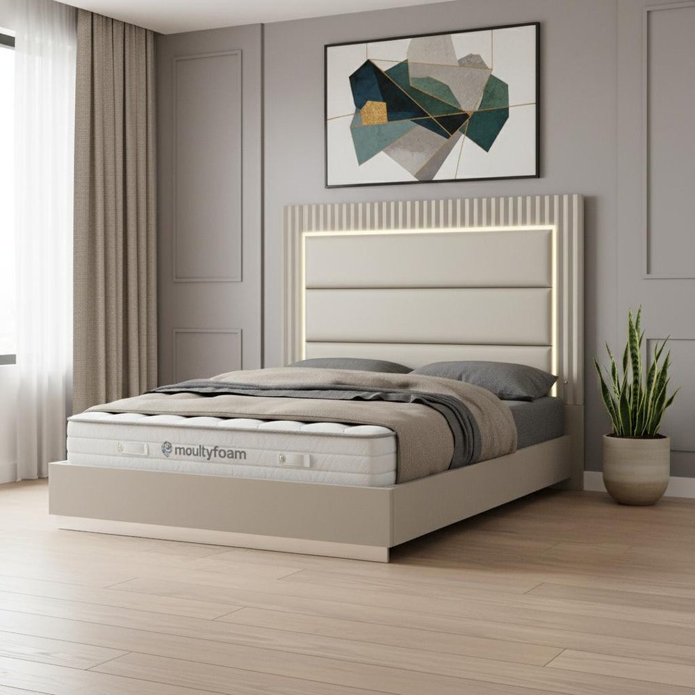 Gray Wood And Tufted Faux Leather Lighted Upholstered King Bed Frame