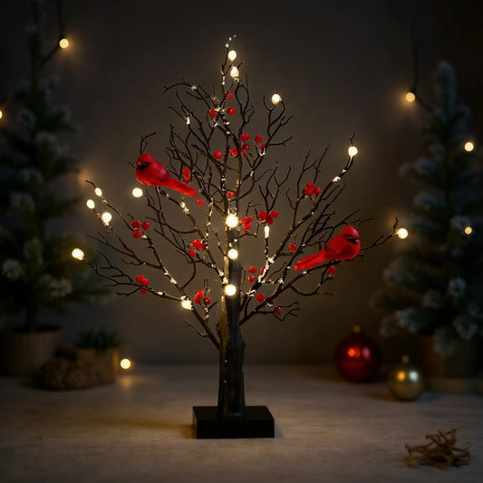 Vintage Glowing Tree with Cardinals Lighted Mini Birch Tree Red Bird Tree Light Festival Christmas Decoration