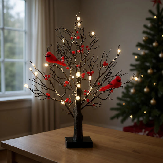 Vintage Glowing Tree with Cardinals Lighted Mini Birch Tree Red Bird Tree Light Festival Christmas Decoration
