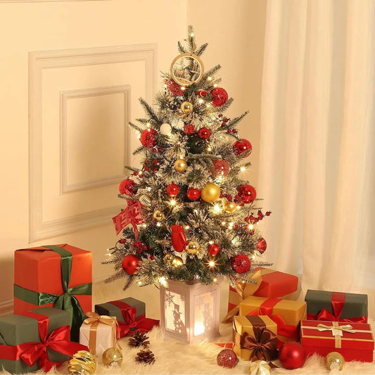 3 ft Tabletop Christmas Tree, Pre-lit Xmas Tree with Cloth Bag Base, Mini Xmas Tree with LED, Artificial Xmas Tree Home Decor