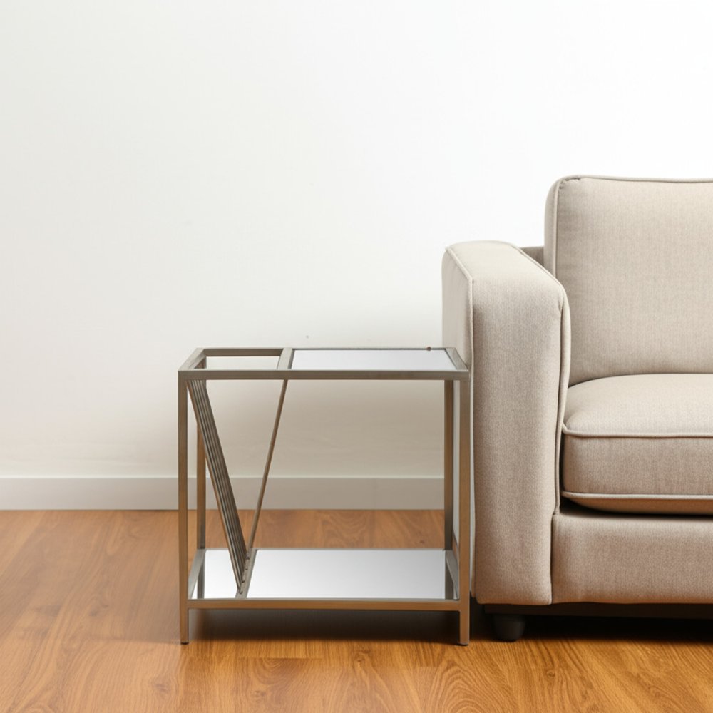 24" Silver Mirrored Glass And Iron End Table With Shelf